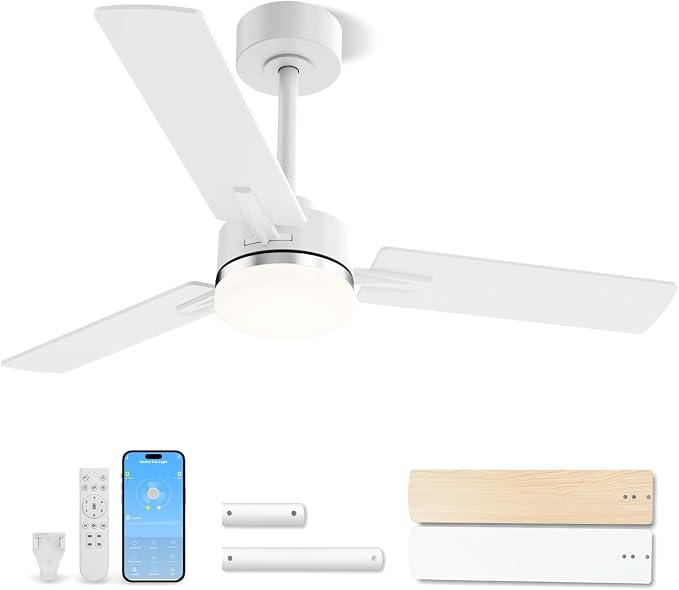 LANMEL Metal Ceiling Fan with Lights and Remote, 42 Inch, Silver & White | Modern Low Profile Flush Mount, Reversible, 3CCT Dimmable, Quiet, LED, For Bedroom, Living Room, Indoor/Outdoor Patio Use