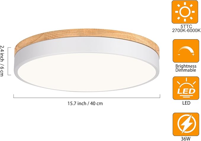 Yiisem Dimmable Wood LED Flush Mount Ceiling Light, White, 15.8 in | 5CCT 2700K-6000K Modern Close to Ceiling Lighting Fixtures, Round Ceiling Lamp for Living Room, Bedroom, Laundry Room