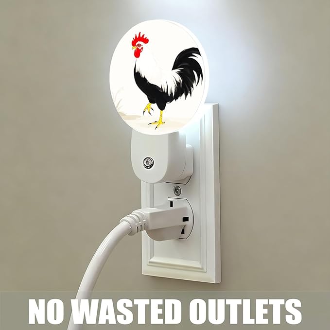 Plug-in Vintage Rooster Night Light Classic Poultry Art Night Lights Plug into Wall with Auto on/Off Sensor, 0.5W LED Nightlight for Bedroom Bathroom Kitchen Hallway