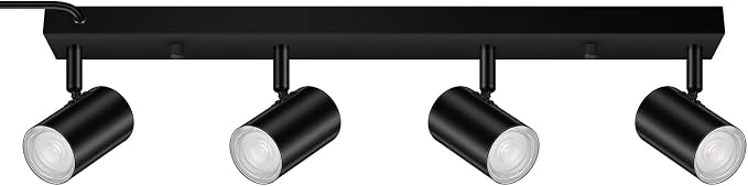 Plug in Track Lighting, LED Track Light Kit, Black 4-Light Track Lights for Kitchen, 15 FT Cord,23" Ceiling Spotlight, Rotatable Wall Mount Light Head for Bedroom Hallway Living Room