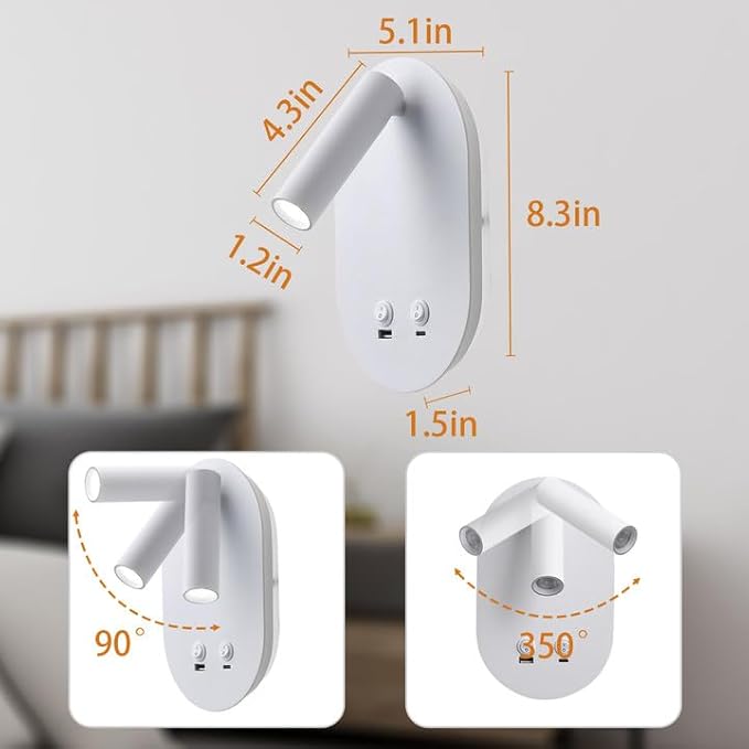 Wall Lamp Plug in Hardwired 2 in 1 Wall Sconces, Wall Mounted Reading Light with USB Type C Ports, Adjustable Bedside Headboard Spotlight, Bedside Lamp with 9W+3W Night Light 3000K (White)