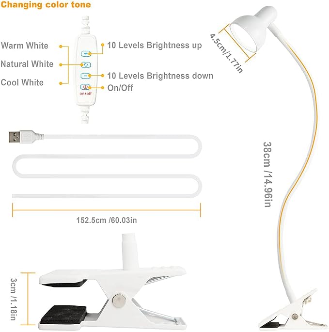 Clip on Lamp USB Reading Light, 3 Color Modes, White | 10 Brightness Dimmable, 360° Flexible Desk Lamp with Clamp, Eye Care Clip on Light for Bed Desk Headboard Home Dorm