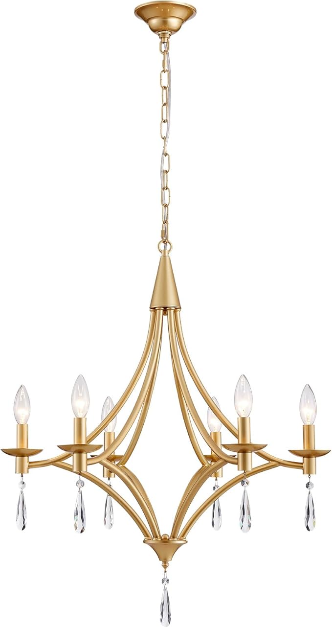 Modern Gold Crystal Chandelier, 6-Lights Farmhouse Chandeliers for Dining Room Light Fixtures Hanging Pendant Light, Modern Candle Chandelier for Bedroom Foyer Living Room Kitchen Island Entryway