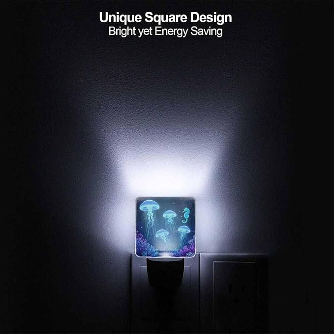 Jellyfish Seahorse LED Night Lights Plug into Wall Blue Underwater World Animal 0.5W Plug in Night Light, Dusk to Dawn, Bright Nightlight Auto On/Off, for Room Bedroom Bathroom