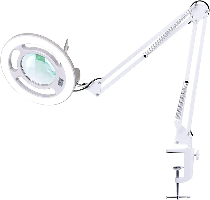 12X Magnifying Glass with Light, KIRKAS 2,200 Lumens LED Magnifying Lamp | with Clamp, Stepless Dimmable Real Glass Lens Magnifier, Adjustable Arm Workbench Light for Close Work Hobby Repair - White