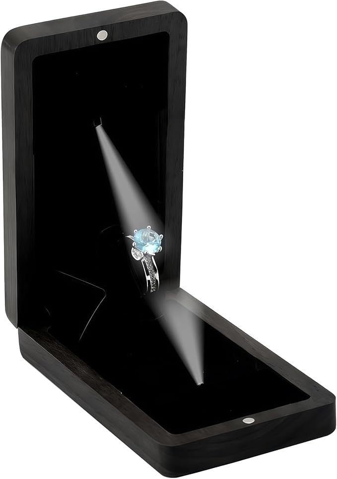 Wooden Engagement Ring Box For Proposal Valentine's Day Jewelry Gift Box Wood Rotating Wedding Day Ring Box With Led Light Gift Packaging(Black Oak (Painted Finish))