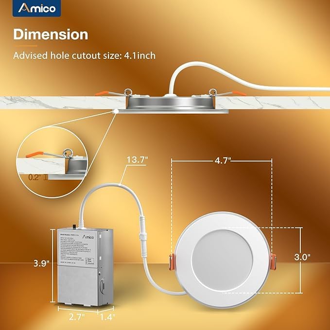 Amico 2 Pack 4 Inch LED Recessed Light with Night Light, 5CCT, 700LM | Ultra-Thin Ceiling Light, 5%-100% Dimmable, No Flicker, 2700K-5000K, Canless Wafer Downlight with J-Box, 10W=90W, IC/ETL/FCC