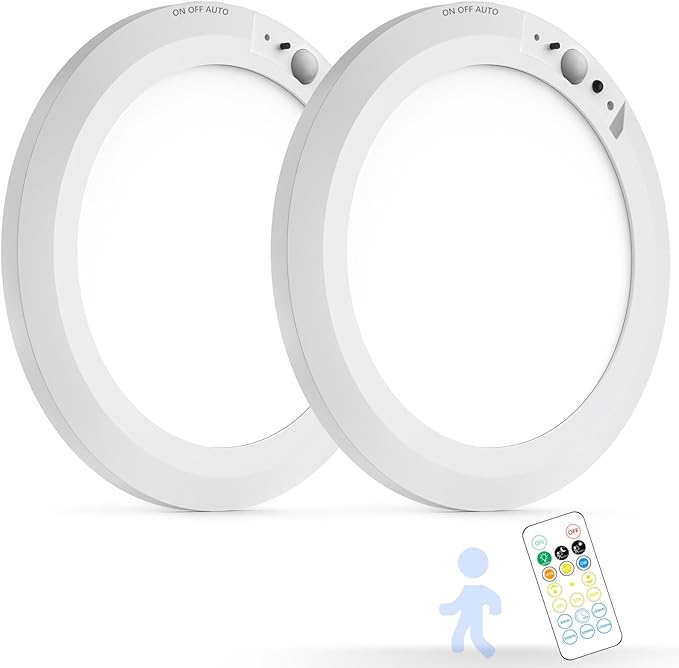 Battery Operated Auto Motion Sensor LED Celling Lights Set of 2, Smart Body Sensor Ceiling-mounted Lamps Fixture with 3 Colors/Brightness, Motion Detection Magnetic Celling Lights for Closet Shower