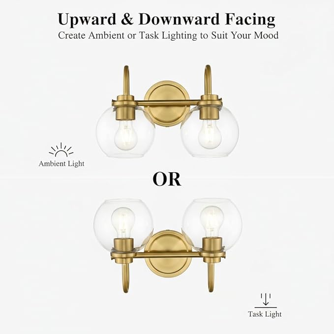 Gold Bathroom Light Fixtures 2 Light Vanity Lights Over Mirror with Clear Glass Lamps Shades Bathroom Wall Lamp for Mirror Kitchen Bedroom Hallway Living Room