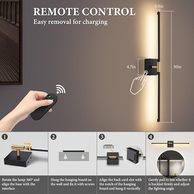 Wall Sconces Set of Two Battery Operated, Wireless USB Rechargeable Wall Lights with Remote, 8000mAh Dimmable LED 3 Color Dimmable Living Room for Bedroom,Hallway,Picture Lamp (30in Black)