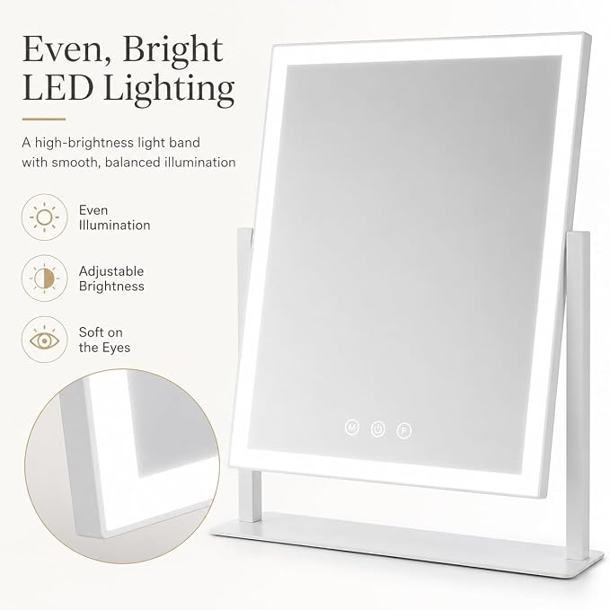 ROLOVE 16"x13" Vanity Mirror with Lights, Three Colors Lighting Mode, 360°Rotation, Lighted Makeup Mirror wih Stand for Desk, Bedroom, Dorm, Gifts for Women