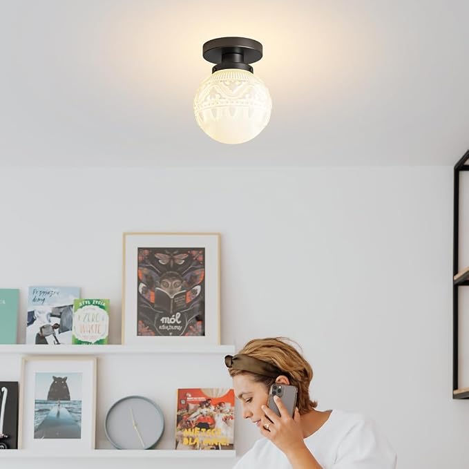 Daunton Semi Flush Mount Ceiling Light, Modern Globe Milk Glass Ceiling Light Fixture, Vintage Small Black Hallway Light Fixtures for Kitchen, Entryway, Bathroom, Closet