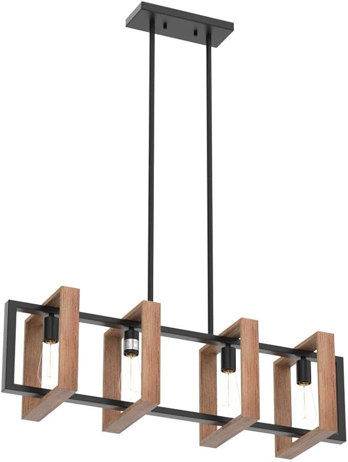 Dining Room Light Fixture Farmhouse Pendant Lights Kitchen Island Rustic Kitchen Light Fixtures 4 Lights Wood and Black Metal Rectangular Chandelier Ceiling Hanging Lighting 35.4"