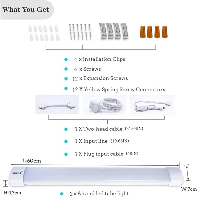 Airand Utility LED Light with Plug 2PCS Linkable Fixture 2FT 4FT Water-Proof Tube Light 5000K Under Cabinet Lighting,LED Closet Lights 18W for Workbench Kitchen Garage Workshop