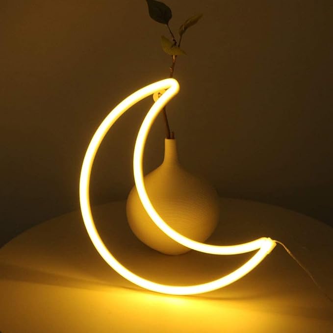 LED Warm White Moon Neon Sign Light, Battery or USB Powered 5V Cute Decor | Art Decorative Night Lights Rome Decorations for Girls, Window, Wall, Home, Bedroom, Office, Dorm, Party, Wedding, Birthday