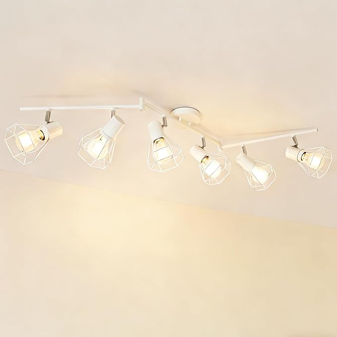 HiBay 6-Light Ceiling Track Lighting Fxiture White, Modern Spotlight, E26 | Rotatable 6 heads with farmhouse metal cage shade for kitchen living room dining area, bulb not included