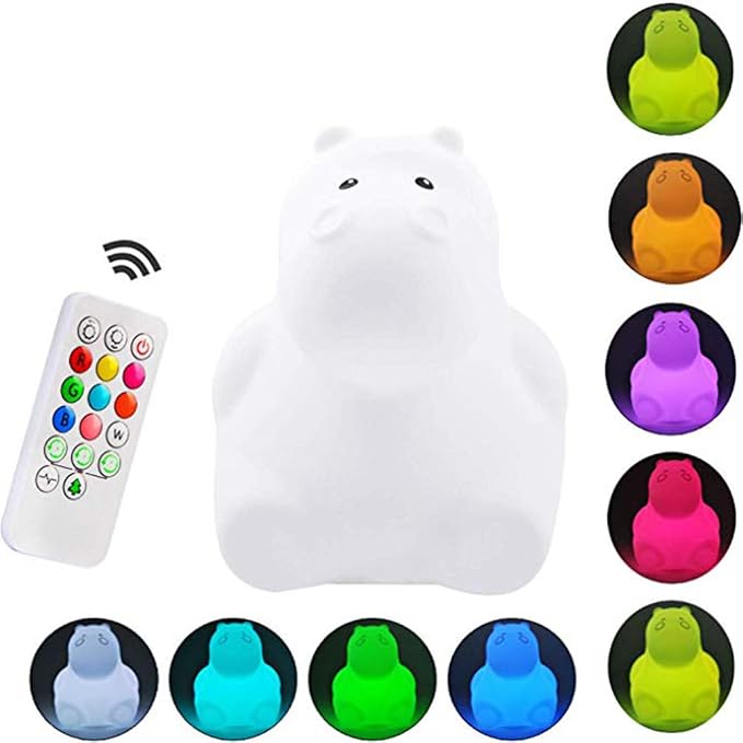 Hippo Night Light Touch Sensor Bedside Lamp Led Cartoon Breathing Night Lamp USB Rechargeable Silicone Light for Kids Bedroom Nursery Reading Decorative Animal