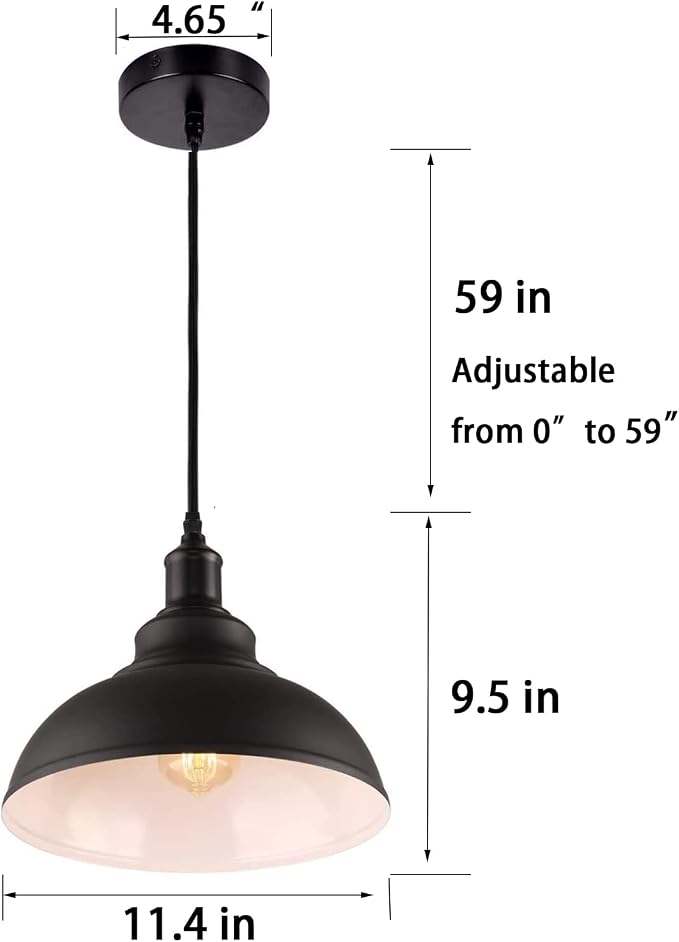 Black Dome Metal Pendant Lights - Hanging Ceiling Fixture for Industrial, Farmhouse Kitchen Island, Dining Room, Foyer (3 pack)