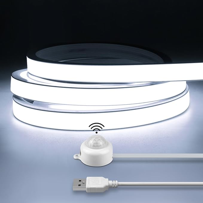 5V USB Neon LED Strip Light Waterproof 9.84Ft COB LED Strip Lights 320LEDs/M Motion Sensor LED Neon Rope Light 6500K White LED Strip for Bedroom, Cabinet, Kitchen, DIY Lighting
