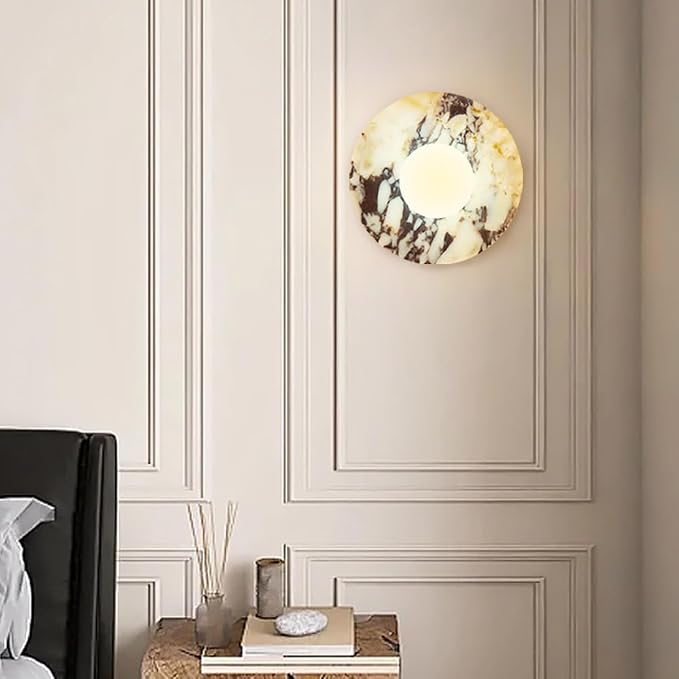 Alabaster Wall Sconces, 7.8 Inch Nordic Style Natural Stone Wall Lamp Round Marble Sconces Wall Lighting with Globe Glass Shade, Hardwired Indoor Wall Lights for Living Room Bedroom Hallway Stairs