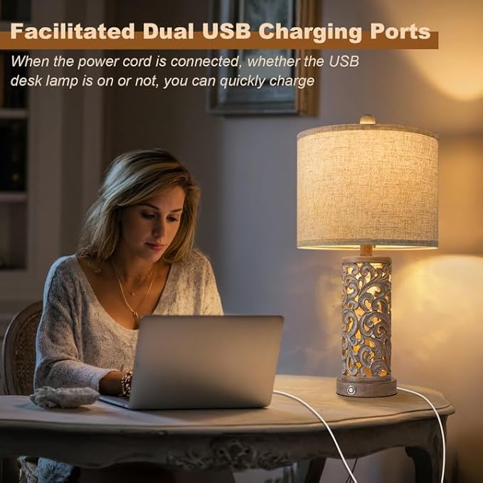 22" Dual Light Table Lamps Set of 2, Touch Lamp with 3-Level Dimming, Lamps for Bedroom with USB A+C Charging Ports, Farmhouse Lamps for Living Room and Night Stands