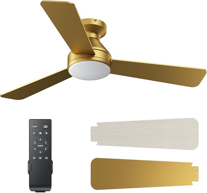 42 Inch Ceiling Fans with Lights And Remote, 3CCT/Flush Mount/6 Speed/Gold | Flush Mount Low Profile Ceiling Fan, 6 Speed Noiseless LED Ceiling Fan, All Gold Ceiling Fan for Bedroom Living Room