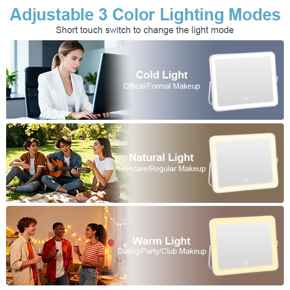 YEKKOPT Portable Desk Vanity Mirror with Lights,10"×12" Small Rechargeable Makeup Mirror with Lights,Smart Touch Screen with 3-Color Lighting,Dimmable,for Dorm Tabletop,Bedroom,Decor