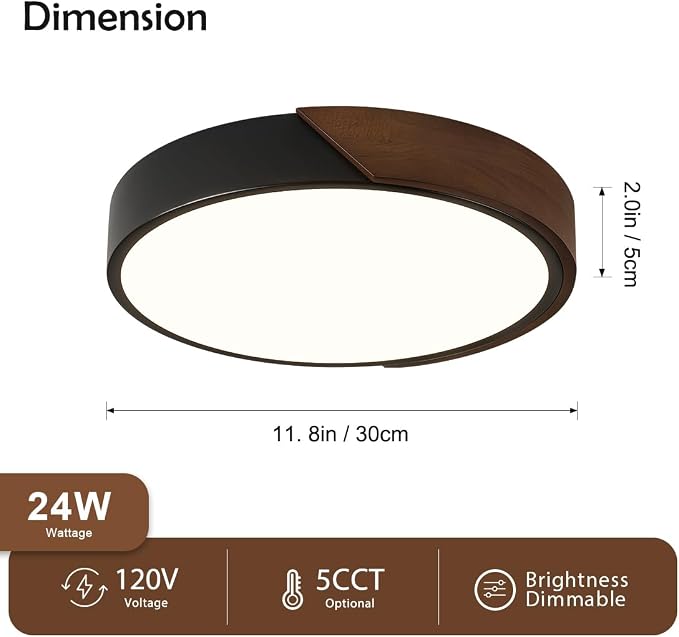 Modern LED Ceiling Light, Dark Walnut Wood Flush Mount Ceiling Light Fixture, Dimmable 5CCT Minimalist Circle Lighting Lamp with Acrylic Lampshade for Hallway Entryway Bedroom 11.8"