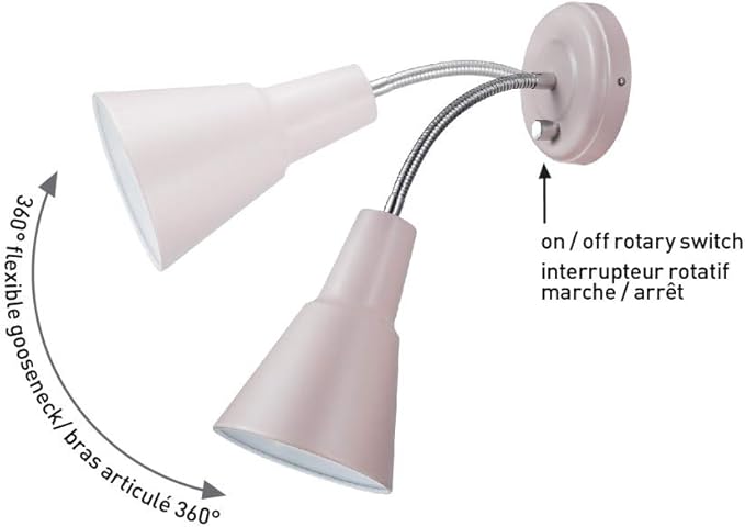 Globe Electric 13064 Sophie 1-Light Plug-in or Hardwire Wall Sconce, Chrome Gooseneck, Matte Rose, 6ft Clear Cord, Bulb Not Included