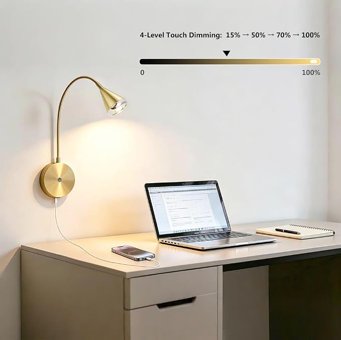 HomeFocus Wall Light,LED Wall Lamp,Eye-Caring Bedside Reading Wall Light,Gold