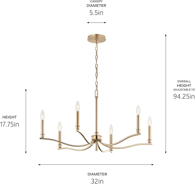 Kichler Malene 6-Light Chandelier, Updated Traditional Light in Champagne Bronze, Sloped Ceiling Compatible, for Foyer, Dining Room, Living Room or Bedroom (17.75" x 32"), 52695CPZ
