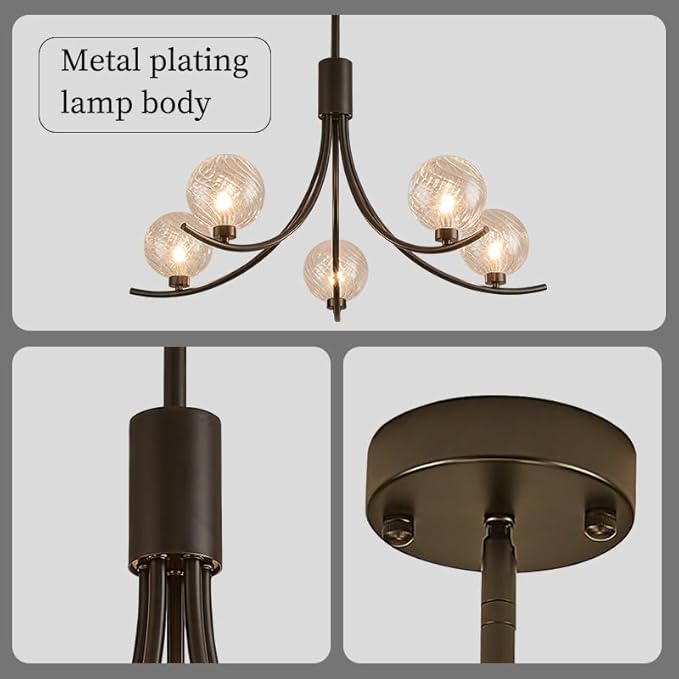 5-Head Black Modern Chandelier with 5 Clear Glass Globe Bulbs, Globe Chandelier, Elegant Lamps with Black Accents, Ceiling Light for Living Room Kitchen Island Bedroom Entryway