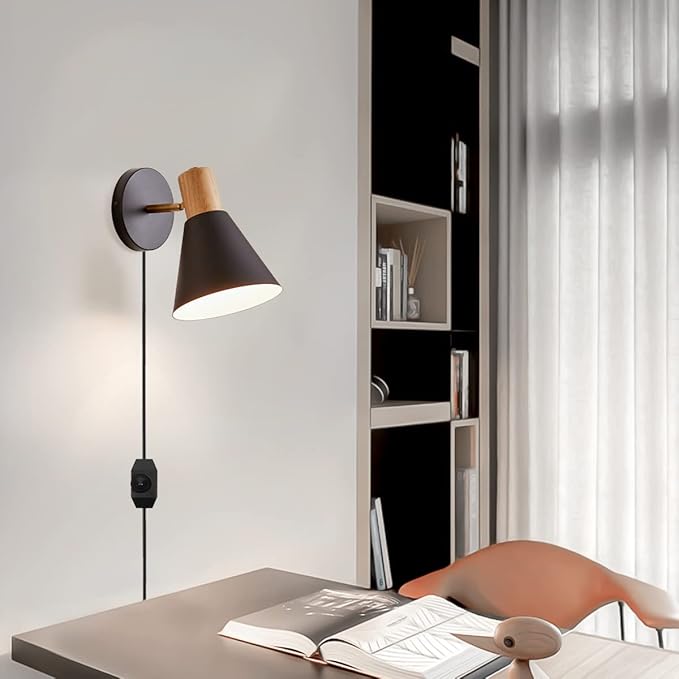 ClanKin Wall Sconces Lighting Set of 2 for Bedroom, Black Dimmable Wood Style Wall Sconce Reading Lamp, Adjustable Wall Light for Bedroom Hallway Living Room (Black-Plug in, 2)