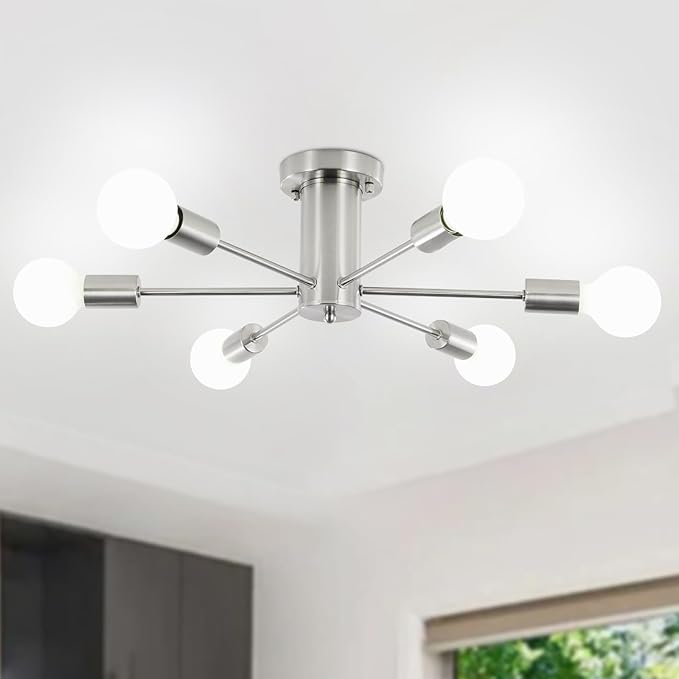Kitchen Light Fixtures 6 Lights Ceiling Lights Fixture Nickel Modern Semi Flush Mount Lighting Sputnik Chandelier for Bedroom Dining Room Hallway
