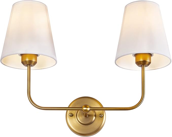 Double Light Wall Sconce with White Fabric Tapered Shades, 2-Light Antique Brass Sconce for Bathroom Vanity Hallway Stairway Living Room
