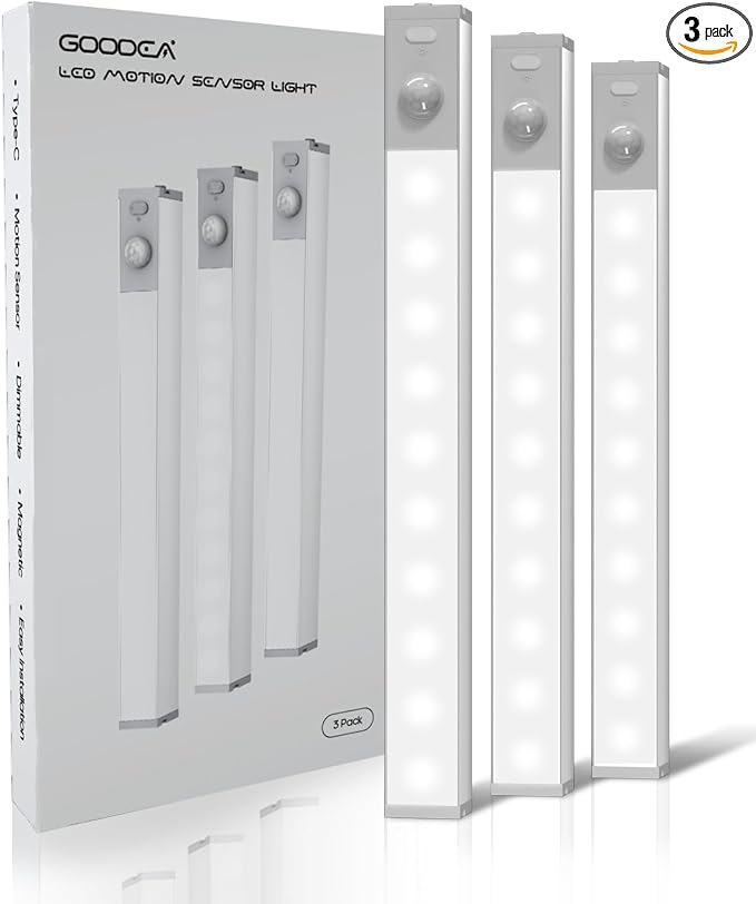 GOODEA 7" Under Cabinet Lighting with Rechargeable Battery, 3 Pack | LED Motion Sensor Light Indoor, Closet Lights with Dimmable Brightness for Cabinets, Bookshelf, Stair, Hallway
