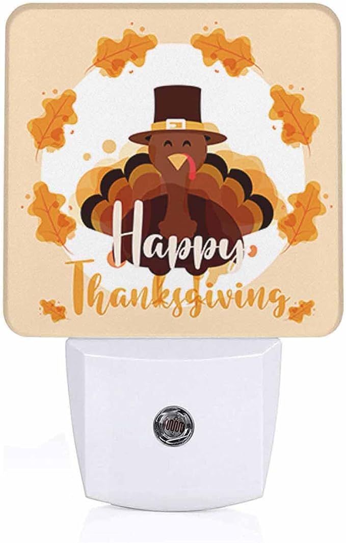 LED Night Light Plug into Wall with Dusk to Dawn Light Sensor White Energy Efficient Happy Thanksgiving Turkey Leaves Nightlight for Bedroom Bathroom Hallway Living Room Kitchen