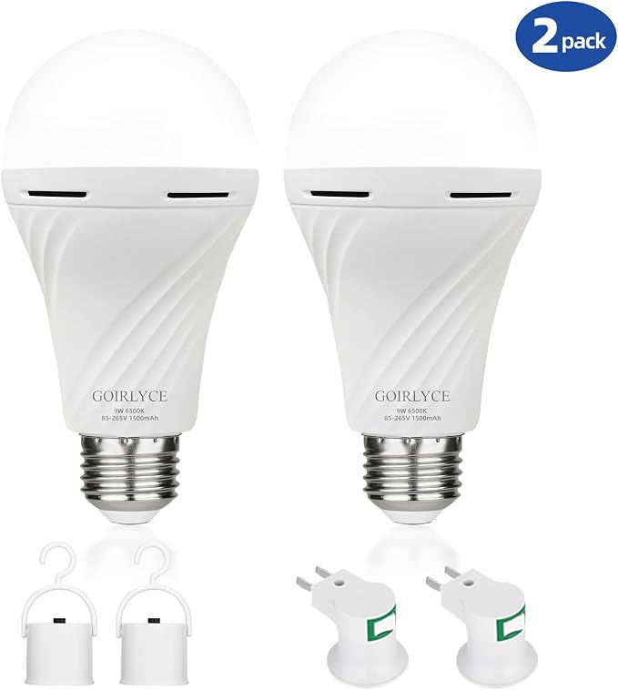 2Pack Emergency Rechargeable Light Bulbs Battery Operated Light Bulb | White 9W E27 6500K 1500mAh, Equivalent Self-Charging LED Light Bulbs for Home, Camping, Hiking Hurricane