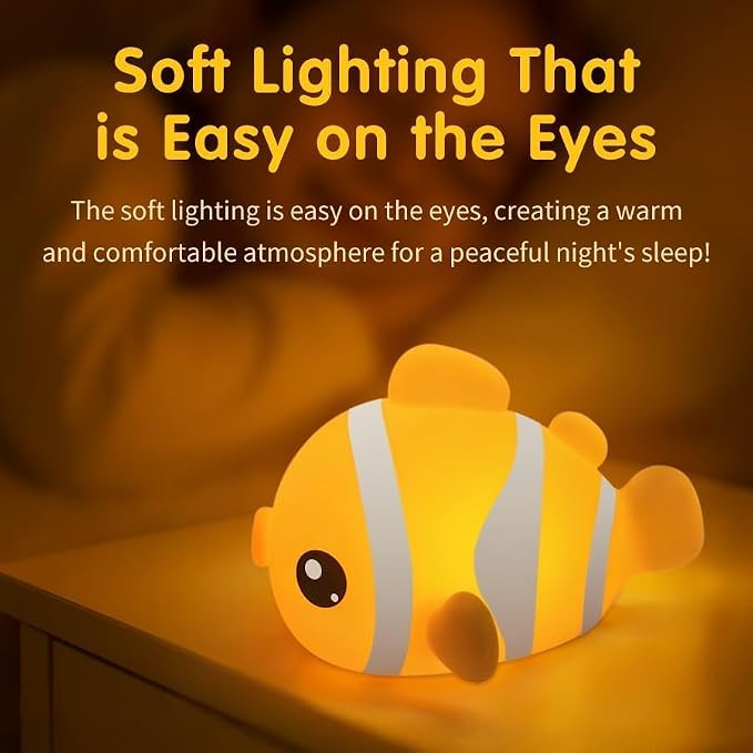 Clownfish Night Light, Rechargeable Silicone Touch Lamp, 3 Levels