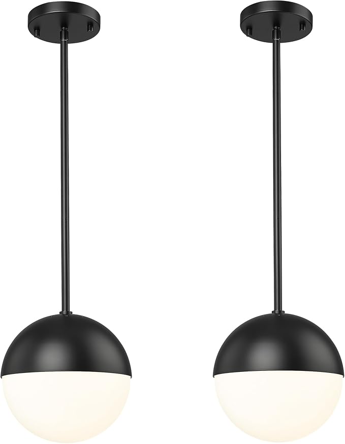 2 Pack Mid Century Pendant Lights, Matte Black Kitchen Island Light Fixtures with White Globe Glass Shade, Adjustable Hanging Rod Ceiling Light for Home Office Dining Room Bathroom, LMS-186BK2PK