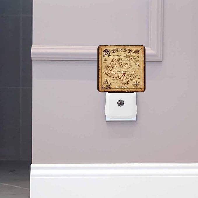 Brown Treasure Map Night Lights Plug into Wall Pirate Ship Sailing Adventure Night Light with Dusk to Dawn Sensor for Home Bedroom Bathroom Living Room 0.5W Sleep-Friendly
