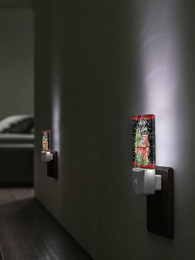 Christmas Night Lights Plug into Wall LED Night Light Christmas Tree Truck with Gift Red Plaid Automatic Dimmable Dusk-to-Dawn Square Shaped Smart Nightlight for Bathroom/Bedroom