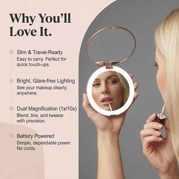 Fancii LED Lighted Travel Makeup Mirror, 1x/10x Magnification - Daylight LED, Compact, Portable, Large 5" Wide Illuminated Folding Mirror - Lumi (Rose Gold)