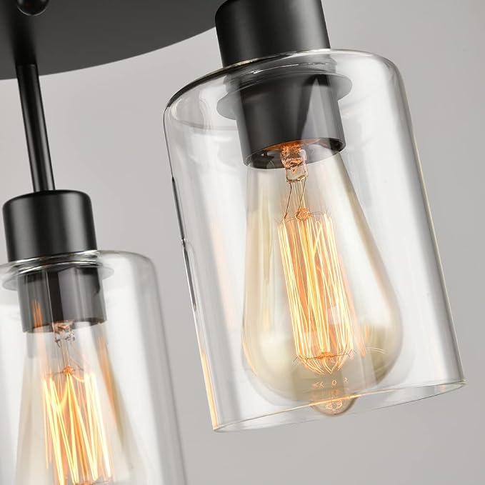 3-Light Industrial Farmhouse Black Matte Light Fixtures Ceiling Mount, with Clear Glass Shades Semi Flush Mount Ceiling Light, for Hallway Fixtures Kitchen, Foyer