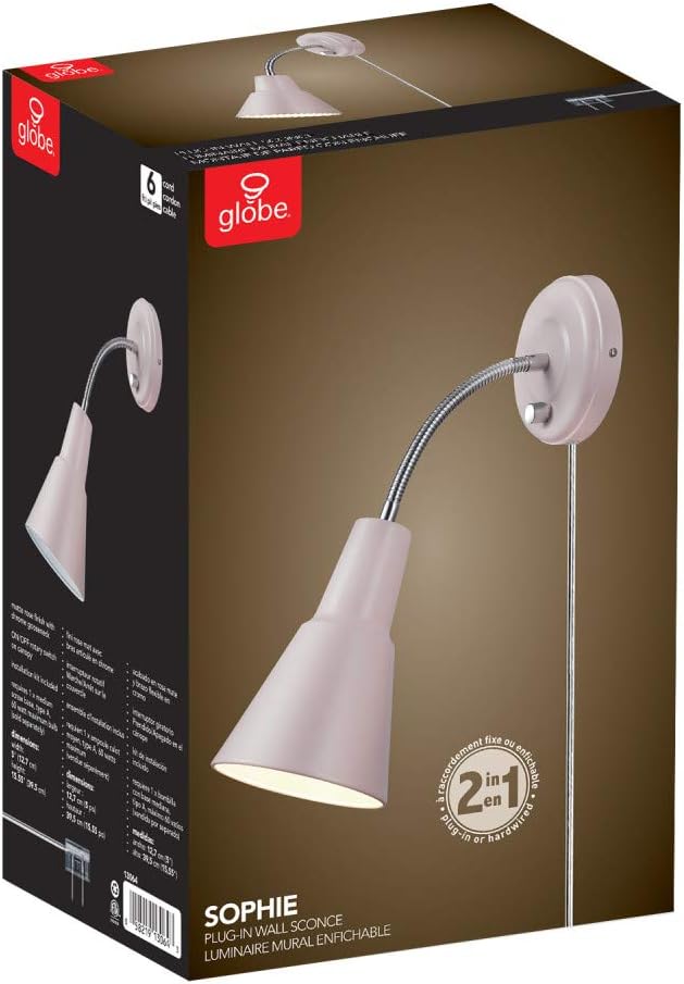 GLOBE Electric 13064 Sophie 1-Light Plug-in or Hardwire Wall Sconce, Chrome Gooseneck, Matte Rose, 6ft Clear Cord, Bulb Not Included (Pack of 4)