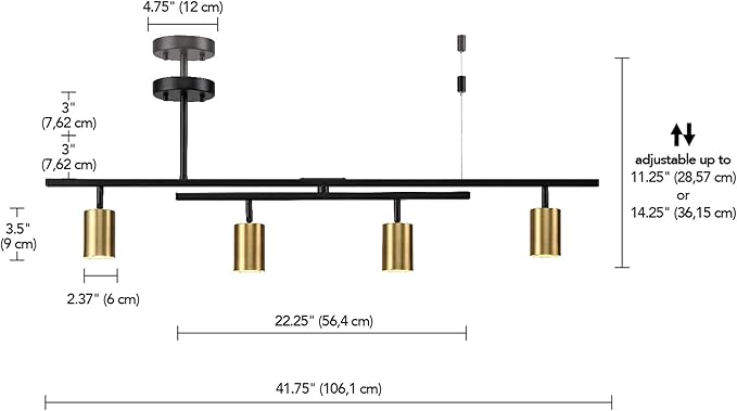 Globe Electric 4-Light Track Lighting, Matte Black, Matte Brass Heads, Center Swivel Bar, Dimmable, 57501