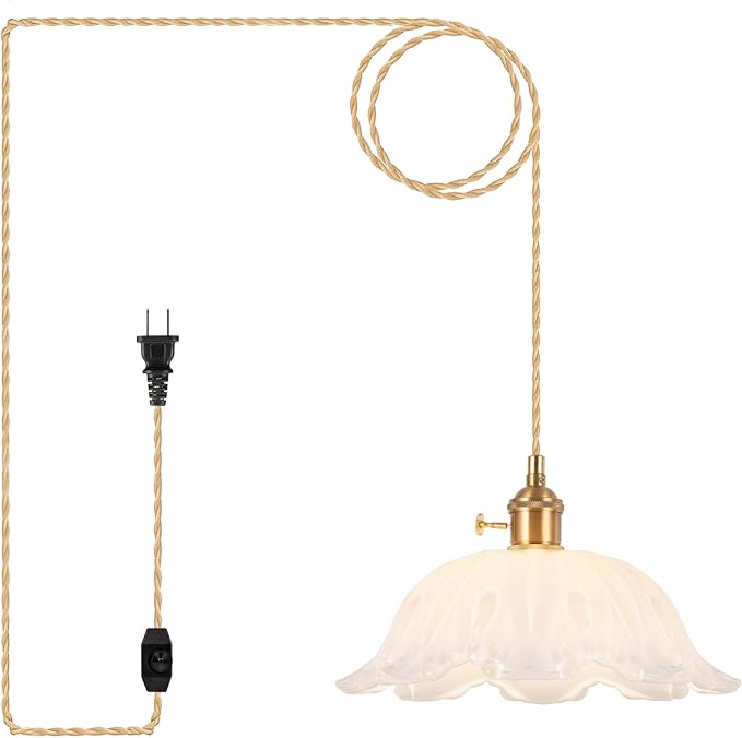 Plug in Pendant Light Fixtures,Hanging Light Fixture Corded On/Off Switch,10.6in E26 White Glass Lampshade Pendant Lighting for Kitchen Island, Bedroom, Dining Room