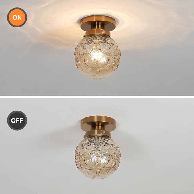 Daunton Semi Flush Mount Ceiling Light, Gold Vintage Kitchen Ceiling Lighting Fixture, Amber Globe Glass Close to Ceiling Light, Modern Hallway Lighting for Bathroom Bedroom Corridor Entryway
