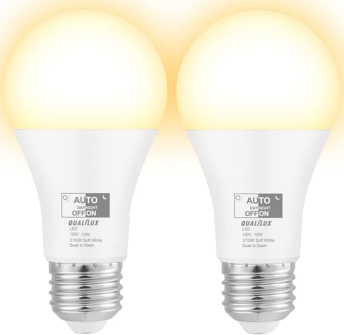 Dusk to Dawn Light Bulbs, Auto On/Off Light Sensing LED Bulbs Outdoor, Soft White, A19 2-Pack, 12W 1000LM 75W Equivalent, HQ-H021