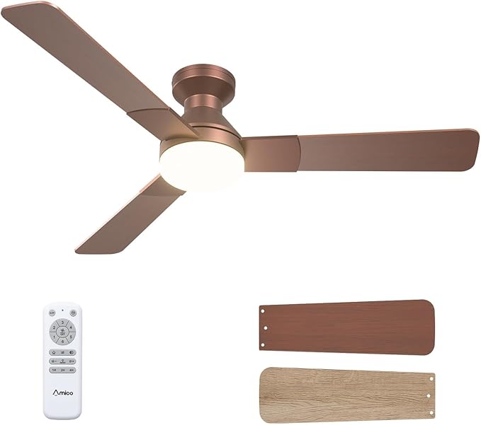Amico 52 Inch Brown Low Profile Ceiling Fans with Lights and Remote | Flush mount, 3-color dimmable light, quiet reversible DC motor, easy install, memory, timer, bedroom, covered outdoor areas
